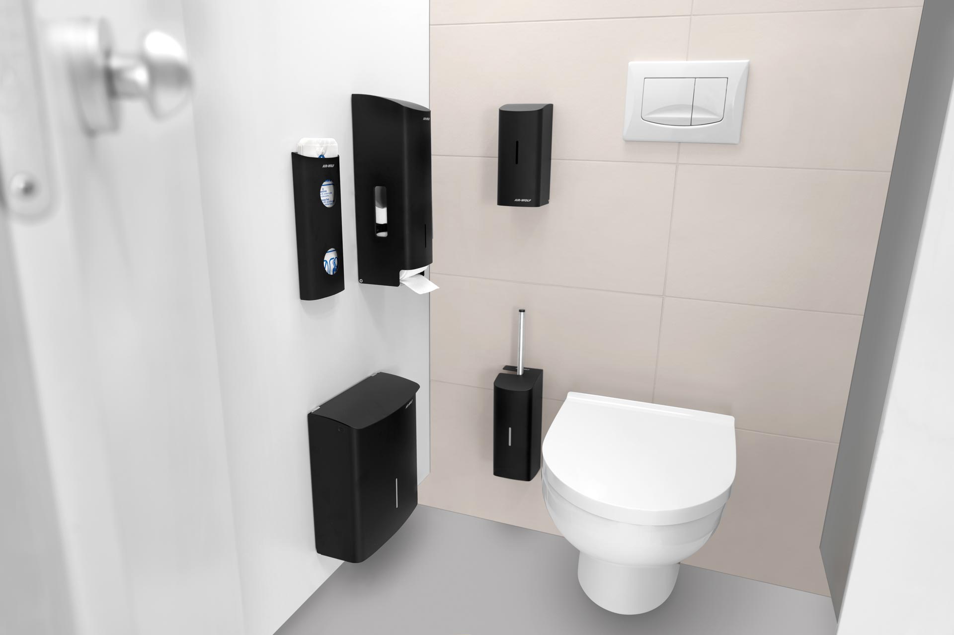 WC-Kabine mit Serie-Alpha-Produkten in Schwarz: WC-Papierspender, Bürstengarnitur und Hygieneabfallbehälter