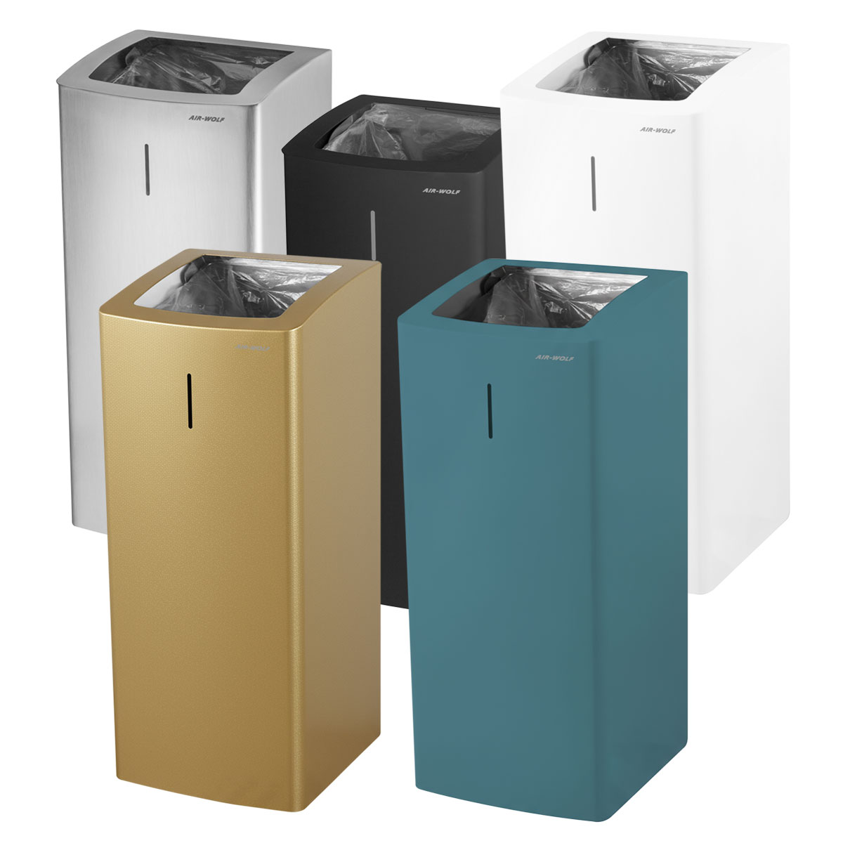 trash can, waste bin, pedestal bin, metallic finish, colored bin