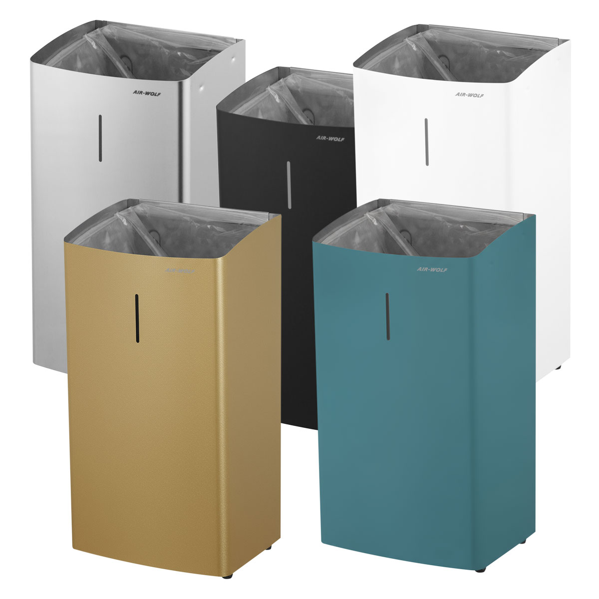 trash can, pedestal bin, rectangular bin, gold bin, teal bin